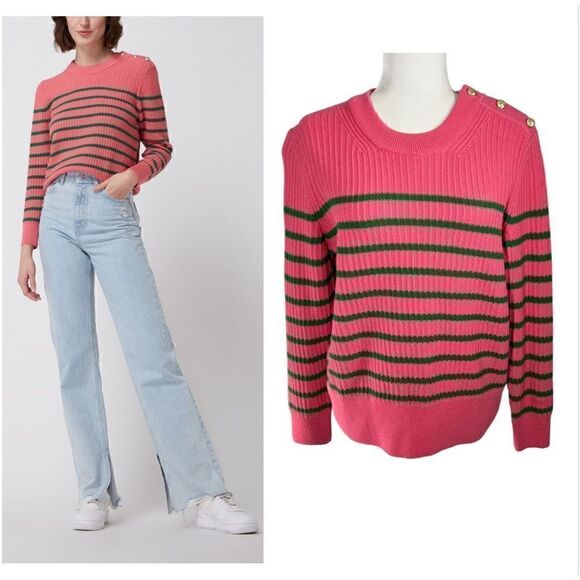 Gant NWT Women's Pink Green Striped Rib Knit Long Sleeve Pullover Sweater Medium - Picture 1 of 14